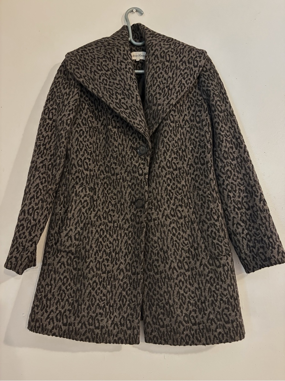 Calvin Klein Brown and Black Leopard-Print Pea Coat